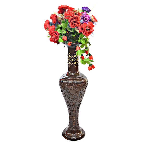 Uniquewise Antique Decorative Brown Hand Curved Mango Wood Floor Flower Vase with Unique Textured Pattern, 30" QI004011 - main